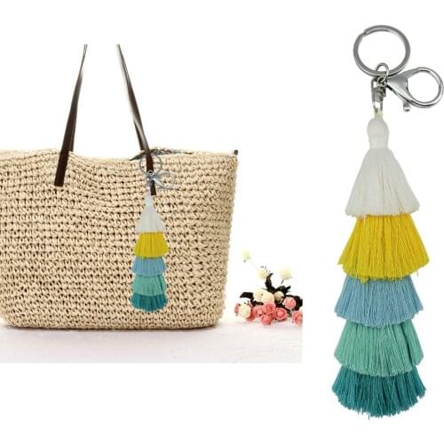 LET IT BE Colorful Boho Pom Pom Key Chain Bag Accessories Tassel Bag Purse Five Layered Hula Cotton Rainbow Charm Keychain Gift