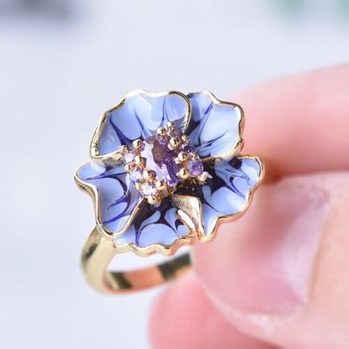 Exquisite Purple Dripping Oil Flower Ring Women' Fashion Purple Crystal Ring Engagement Ring Bridal Wedding Jewelry Lovers Gift