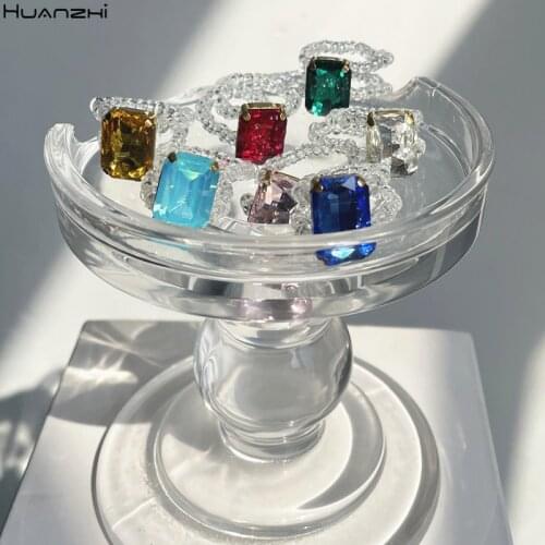 HUANZHI New Trendy Transparent Beaded Geometric Square Rhinestone Colorful Rings for Women Girls 2021 Summer Hot Sale Jewelry
