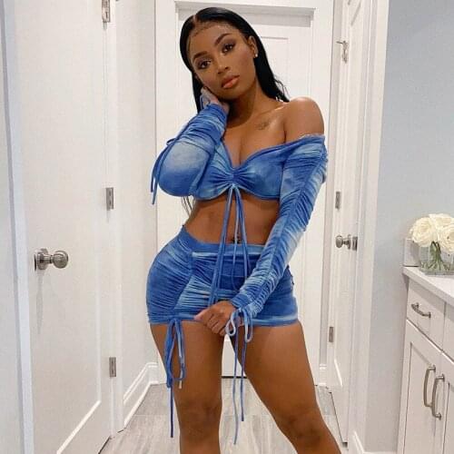 Sexy Party Two-Piece Sets Women Tie-dye Print Long Sleeve Bandage Top+Chic Skirts Matching Elegant Suit Slim Clubwear Streetwear