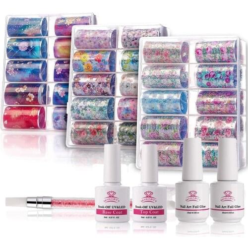 Makartt Nail Art Foil Glue Gel with Flower Starry Sky Star Foil Stickers Set Nail Transfer Tips Manicure Art DIY Nail Decoration