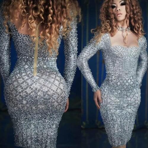 Fashion Rhinestone Crystal Party Bodycon Dress Women Birthday Celebration Pearls Dress Club Prom Short Dress Performance Wear