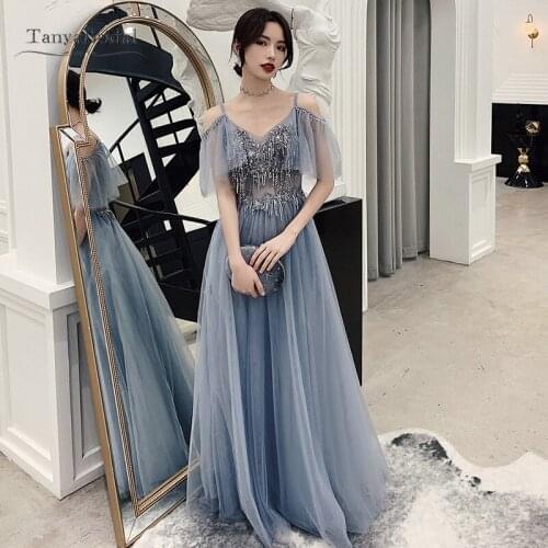 Soft Tulle Beaded Prom Party Dresses Vestido de Festa robe de mariee robe Communion Illusion robe Blue Evening Party Dresses