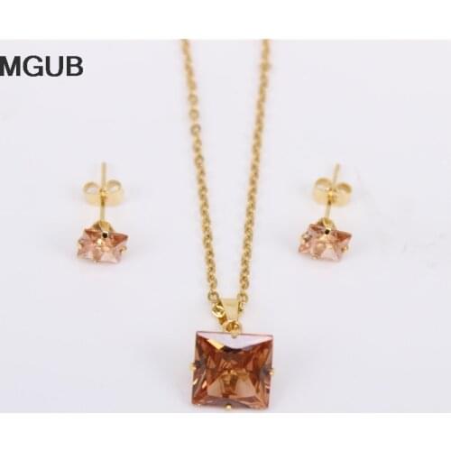 Quadrilatera 10 color options crystal Earrings and necklace set 10mm classic birthday gift jewelry Free delivery 50mm chain ZN19