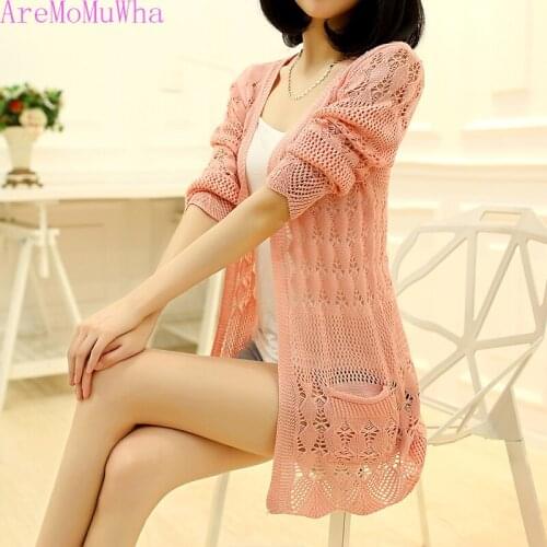 AreMoMuWha New Sweet Hollow Out Thin Cardigans Women Fashion Slim Ice Silk Kintted Coat Elegant Sunscreen Open Stitch Tops Mh039