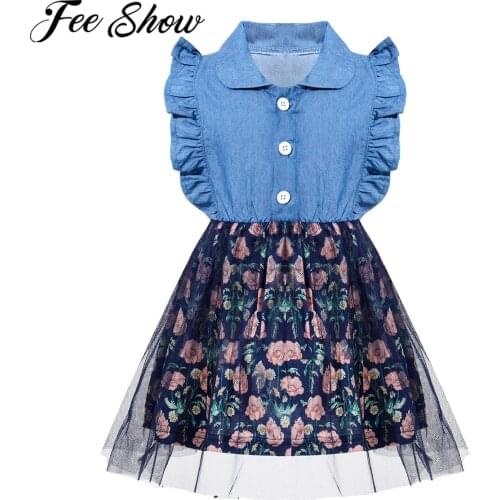 Baby Girl Dress 2021 Summer New Kids Flying Sleeve Denim Patchwork Floral Mesh Dress Children Princess Dress For Girls Clothes