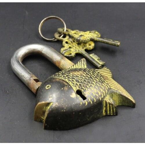 Elaborate Chinese Tibet Buddhism bronze fish sculpture white tara big door lock and key shipping free