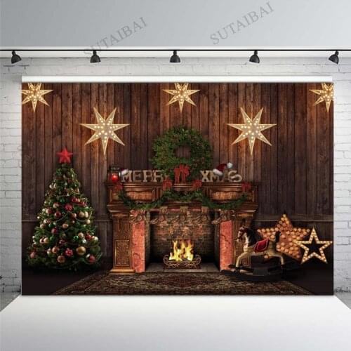 Merry Xmas Photo Backdrop Green Garland Fireplace Glitter Star Wood Wall Christmas Tree Party Decor Photography Background Vinyl