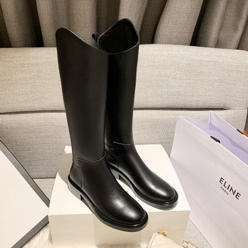 2021 New Roman Winter Women Riding Equestrian Knee High Boots Black Genuine Leather Woman Fashion Shoes