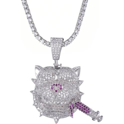 Hip Hop Mens Full Zircon Steel Color Bulldog Cigar Pendant Necklace Ice Out Cuban Jewerly Neckalce Chain For Men