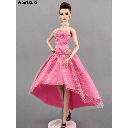 Pink Dotted Polka Party Dress For Barbie Doll Clothes High Quality Evening Gown Miniature kids Toy 1/6 Doll Accessories
