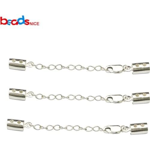Beadsnice 925 Sterling Silver Leather Cord End Claps With Lobster Clasp Extender Chain for DIY Bracelet Making ID36514