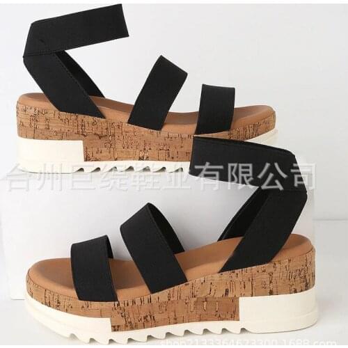 Women sandals Flock Elastic band 3-5CM Wedges High Heels Round Toe women shoes sandalias mujer 2020 size 35-42 black white