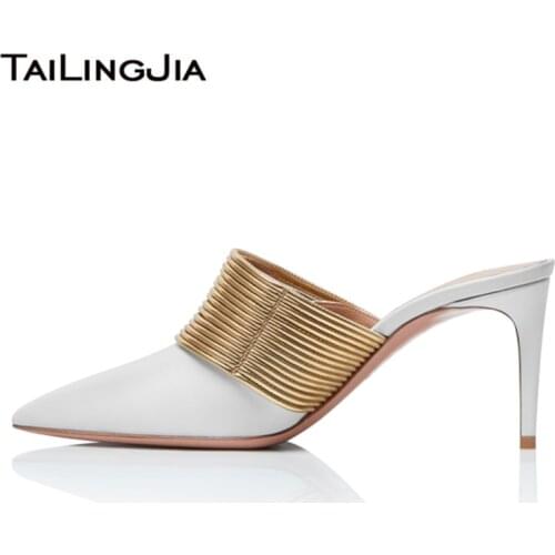 Womens Pointed Toe Mules Heels Party Pumps Sexy Elegant Stiletto High Heel Gold Strapy White Faux Leather Evening Shoes 2019