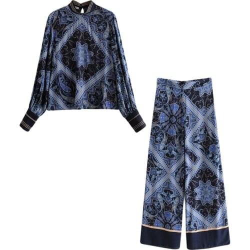 Womens suit two-piece 2019 summer new fashion print shirt + high waist wide leg trousers temperament wild womens clothing