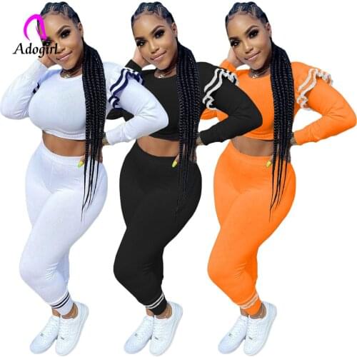 Fitness Women 2 Piece Set Ruffle Long Sleeve Crop Top + High Waist Pants Matching Set Solid 2021 Autumn Workout Active Tracksuit