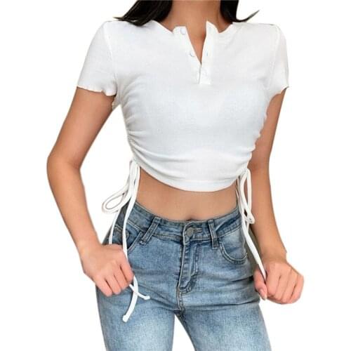Summer Ladies Crop Top Women Temperament Solid Color Lace Up Short Sleeve Slim T-shirt Casual V Neck Tops
