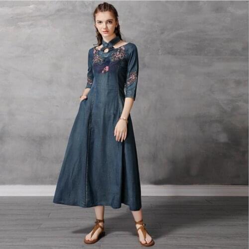 Retro denim dress fashion lolita girl Crane patern embroidery cotton Dresses female hollow cut design longer Retro Dress F1099