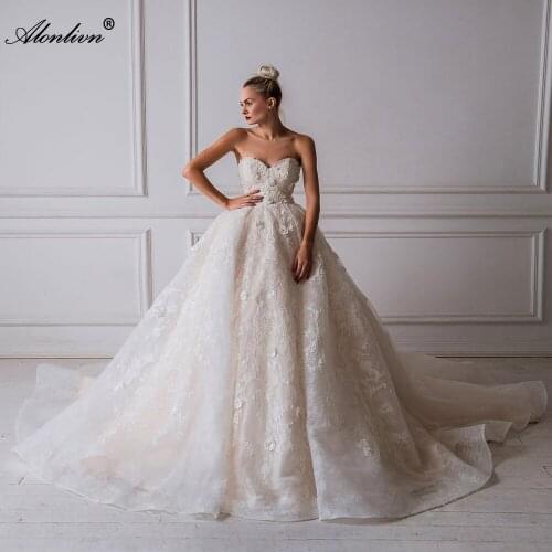Alonlivn New Arrival Ball Gown Lace Vestido de Noiva Romantic Emboridery Wedding Dress With Beading 3D Flowers Sweetheart