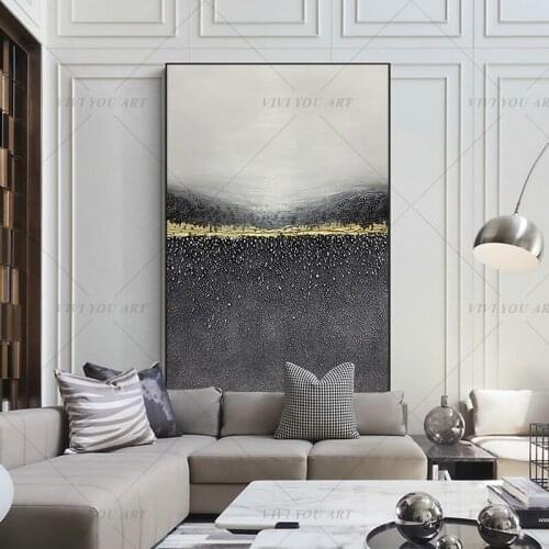 100% Handmade Black Gray White Abstract Gold Oil Painting for Living Room Modern Painting wall decor picture art Gift