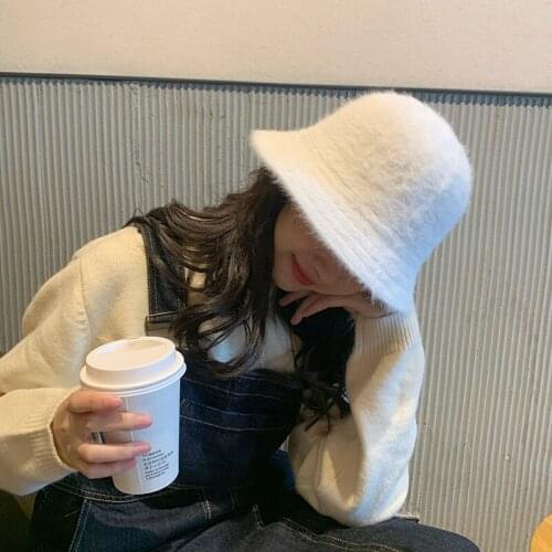 2020 Hat winter womens fashion Solid color rabbit fur hat bucket cap fishermans hat retro knitted wool basin Bucket Hat