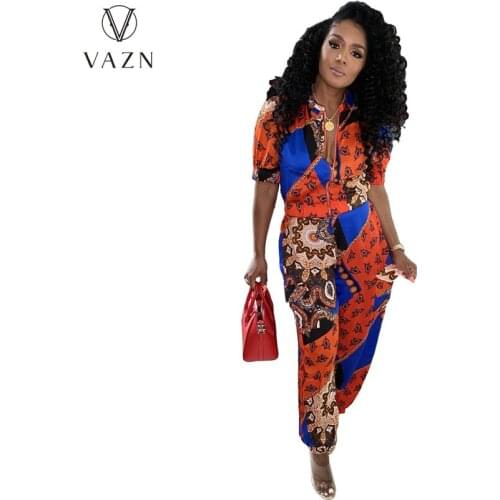 VAZN 2021 Autumn Vintage Sexy Mature Chiffon Overalls Chiffon Full Sleeve Cloth Group Long Pencil Pants Slim Women 2 Piece Set