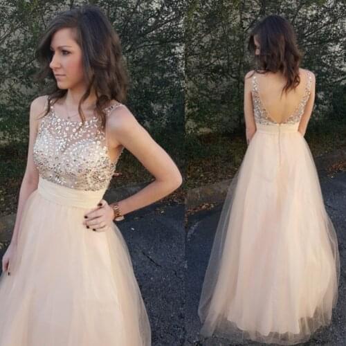 2022 Champagne Sequins A Line Prom Dresses Sleeveless Scoop Neck Backless Tulle Evening Formal Party Dresses Vestidos De Fiesta