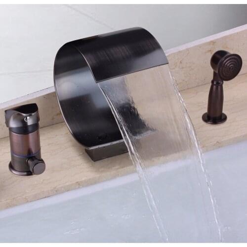 Free ship oil rubbed bronze 3 pcs widespread Waterfall Bathroom Bath Roman Tub Filler shower Faucet deck mounted