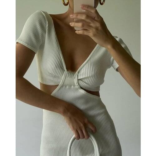 Free Shipping 2021 Autumn New Ladies High-End White Short-Sleeved V-Neck Waist Tight Bandage Dress Sexy Party Club Dress Vestido