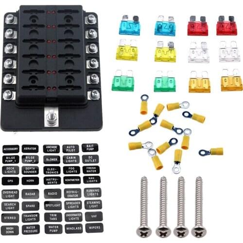 12 Circuit LED Fuse Block Fuse Box with screw terminal with accessories and kits for Car Boat Marine Trike
