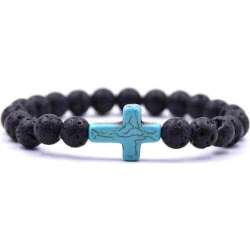 Natural Stone Beads Cross Bracelet Charm Black Lava Beaded Handmade Men And Women Prayer Fitness Chain Couple Jewelry Gift