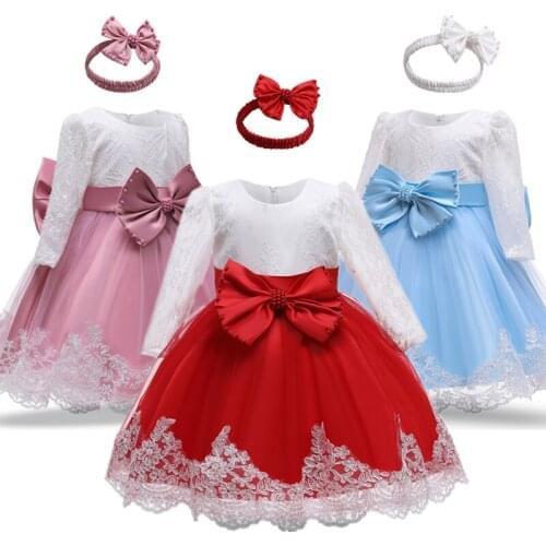 Flower Lace Bow Girl Dress 3M-2Y Full Sleeve Dresses For Baby Grils Halloween Dress Baby First Birthday Clothes Princess Dress