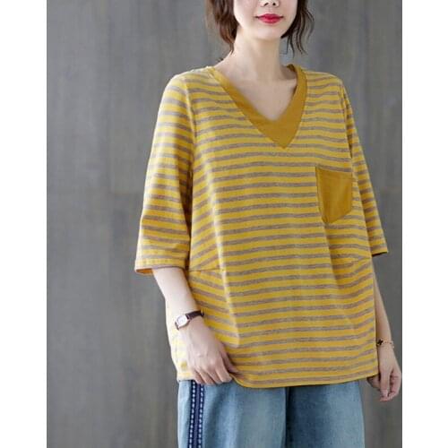 Women Cotton Casual T-shirts New 2021 Summer Simple Style Vintage Striped V-neck Loose Female Half Sleeve Tops Tees S4078