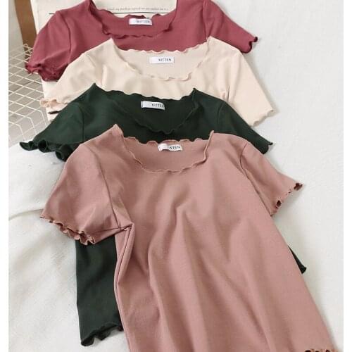 HELIAR T-Shirts Women Round Neck Ruffles Hem Tees Women Loose Casual High Street Short Sleeve Cottons T-shirts Women 2021 Summer