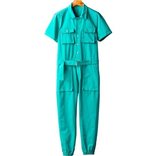 Mens Y2K Multi Pockets Short Sleeve Cargo Jumpsuits with Belt Casual Fancy Color Summer Overalls Working Playsuits