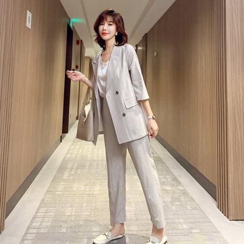 M-5XL Large Size Suit Pants Suit Office 2021 New Summer Linen Half Sleeve Jacket Casual High Waist Trousers 2-piece Set