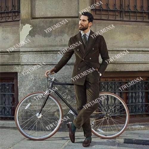 YIWUMENSA Handsome Vintage Tuxedos Blazers Browns 2 Pieces Peaked Double Breasted Jacket WIth Pants Men Suits For Wedding Trip