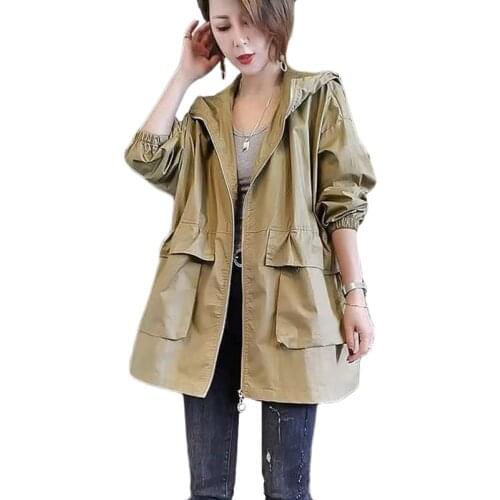 Pure Cotton Trench Coat Women Long Spring Autumn New Korean Loose Casual Workwear Jacket Plus Size Womens Hooded Parka Outerwear
