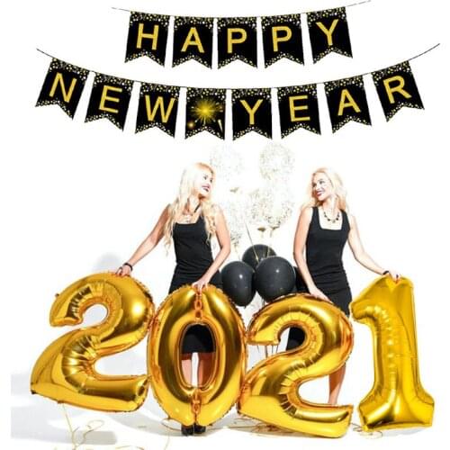 2021 Happy New Year Foil Balloons Photo Booth Frame Props Balloons Gold Black Banner Garland Navidad New Year Eve Party Supplies