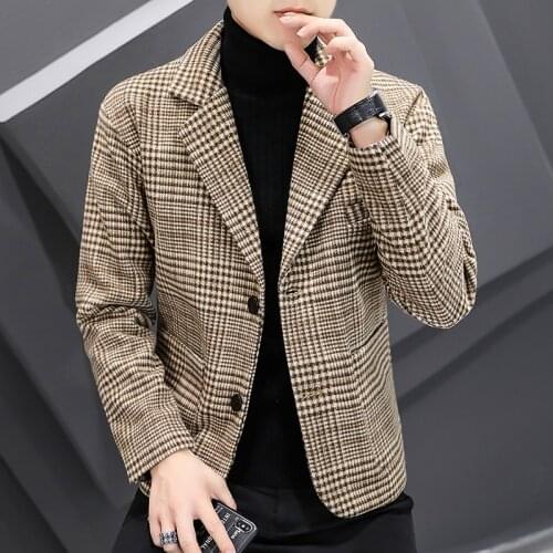 Autum Winter Wool Blends Blazers Men Plaid Casual Slim Suit Jacket British Style Business Social Dress Coat Wedding Windbreaker
