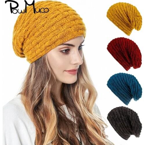 Powmuco Autumn and Winter Thickened Plush Knitted Wool Hat Handmade Crochet Weave Stripe Women Caps Outdoor Sports Warm Bonnet