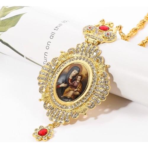 Religious long chain necklace Virgin Mary pendant oval necklace Male and female hip hop chest pendant Crown Red Crystal Necklace