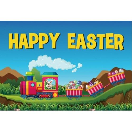 Happy Easter Backdrop Cartoon Train Carrying Bunny Egg Photography Background Family Holiday Party Decor Photo Booth Studio Prop