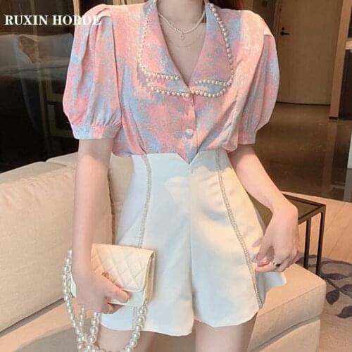 Double-Lapel Puff Sleeve Chiffon Floral Pink Fashion Loose Shirt Summer 2021 Ladies Elegant Temperament New White Shorts Set