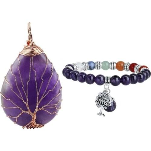 SUNYIK Tree of Life Wire Wrap Teardrop Pendant Bracelet Set,Healing Reiki Chakra Crystal Jewelry