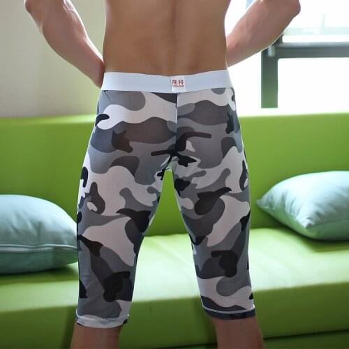 Brand Men Underwear Mesh Low Waist Boxers Shorts Cueca Man Thin Printed U Convex Pouch Long Leg Underpants calzoncillos