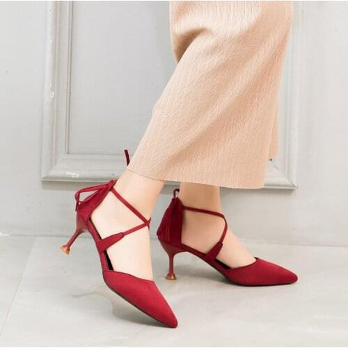 Women High Heel Pumps Autumn BuckleStrap Shoes Ladies Footwear Cross-tied Female Single Shoes Footwear Zapatillas Mujer U14-89