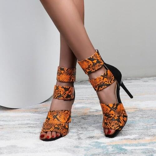 Snake Print Women Gladiator Sandals High Heels Pumps Summer Shoes Peep Toe Woman High Heel Zipper Sandals Zapatos De Mujer Black