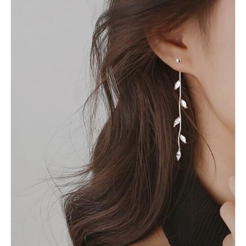 Luxury Silver Color Needle Willow Leaf Earrings Female Fashion Jewelry Temperament Simple Long Tassel Earrings for Women Gift