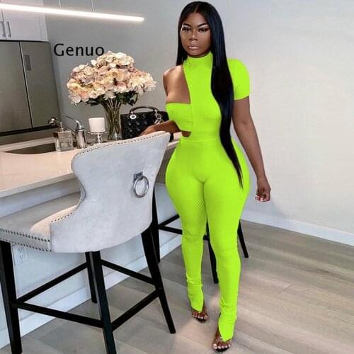 Breast Wrap Casual Jumpsuit Women One Shoulder Street Style Solid Skinny Slim Active Workout Side Slit One Piece Overalls
